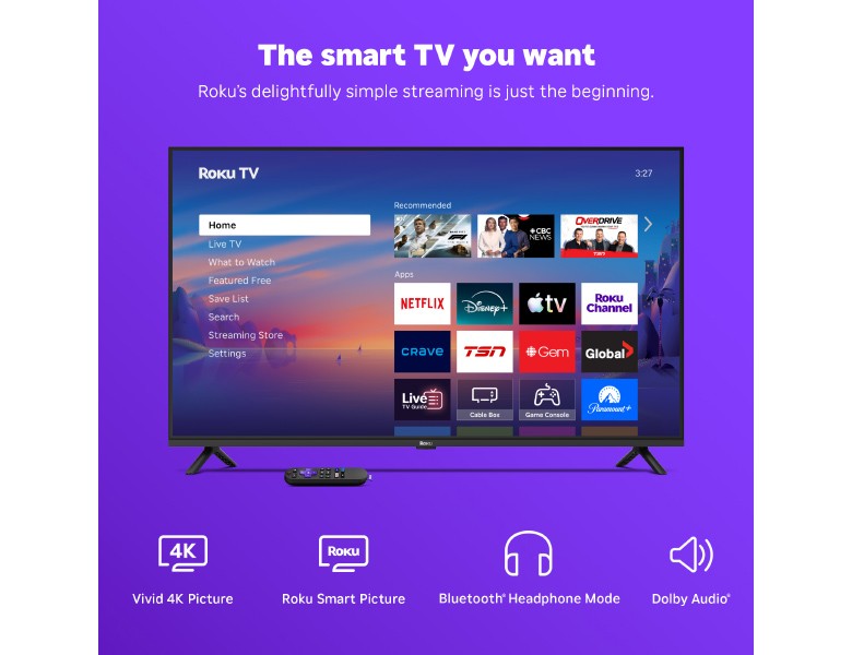 Roku 43" Select Series 4K TV displaying the Roku home screen