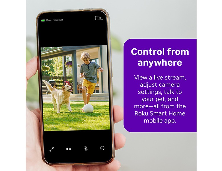 Viewing video of a child and dog playing in the backyard using the Roku Smart Home mobile app