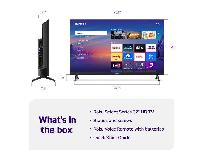 What's in the box when you purchase a Roku 32" Select Series HD TV