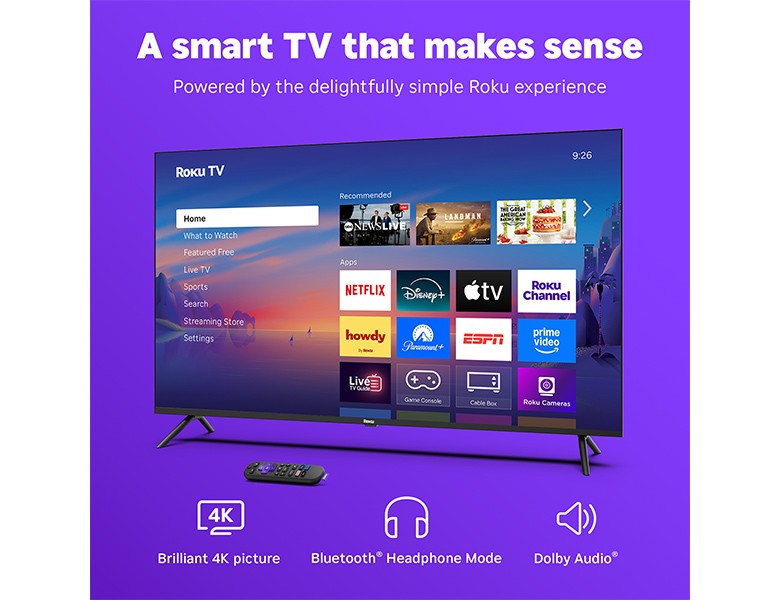 Roku 50" Select Series 4K TV displaying the Roku home screen