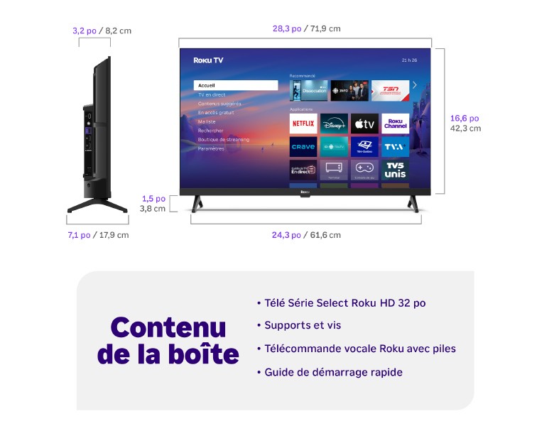 Contenu de la boîte d’un téléviseur Série Select HD Roku de 32&nbsp;po