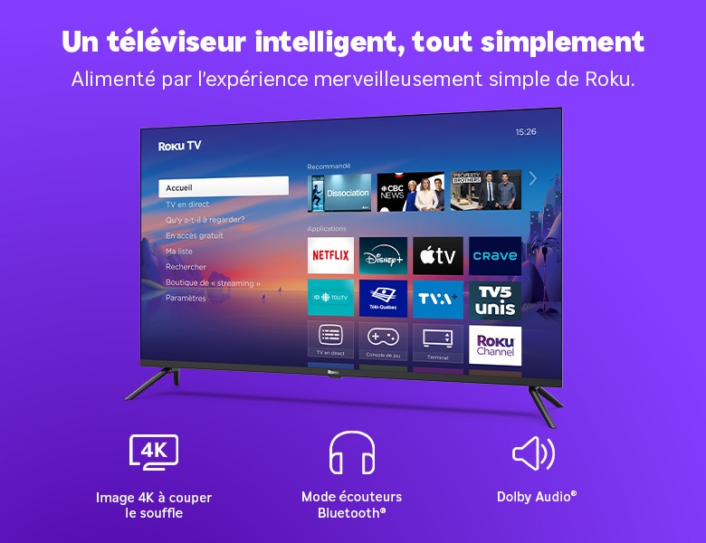 Téléviseur 4K Série Select Roku 43&nbsp;po affichant l’écran d’accueil Roku