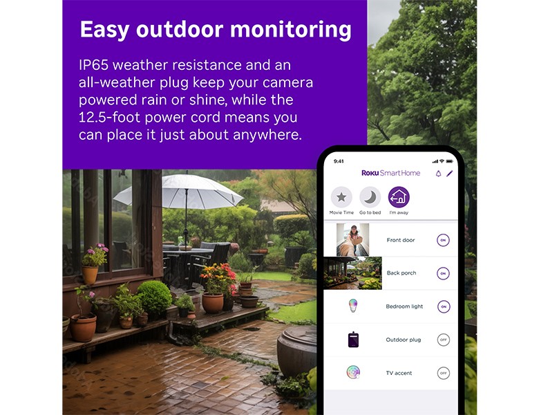 Roku Outdoor Wired Camera monitoring a backyard through the Roku Smart Home mobile app