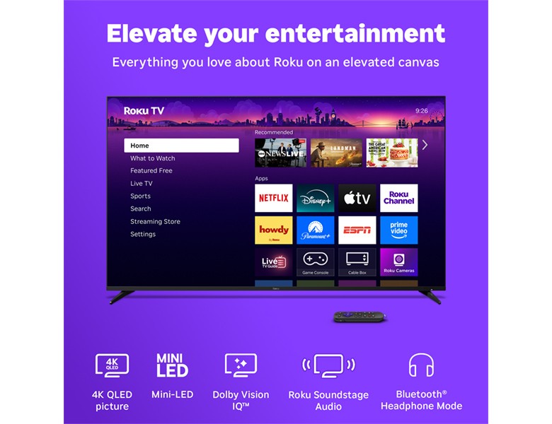 Roku Pro Series 55" 4K Mini-LED TV displaying the Roku UI screen