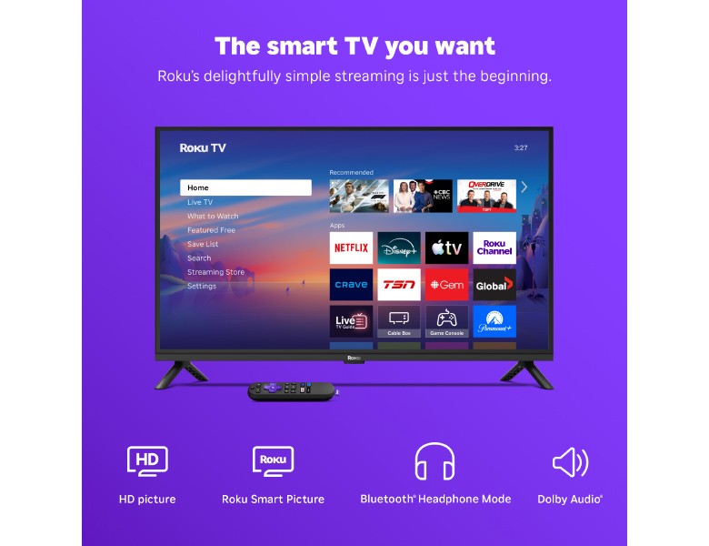 Roku 32" Select Series HD TV displaying the Roku home screen