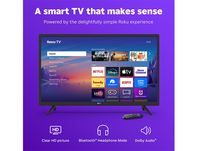 Roku 32" Select Series HD TV displaying the Roku home screen