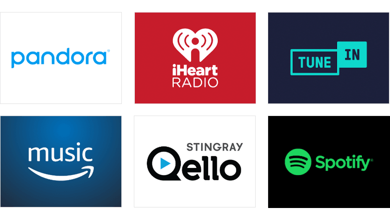 Pandora, iHeart Radio, Tune In, Amazon Music, Stingray, and Deezer logos