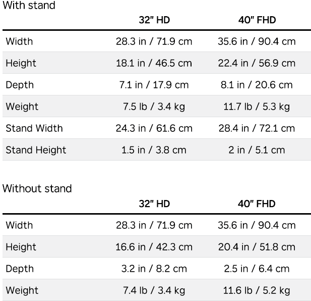 Roku Select Series HD TV dimensions with and without a TV stand 
