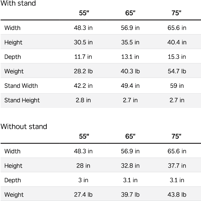 Roku Plus Series Mini-LED TV dimensions with and without a TV stand
