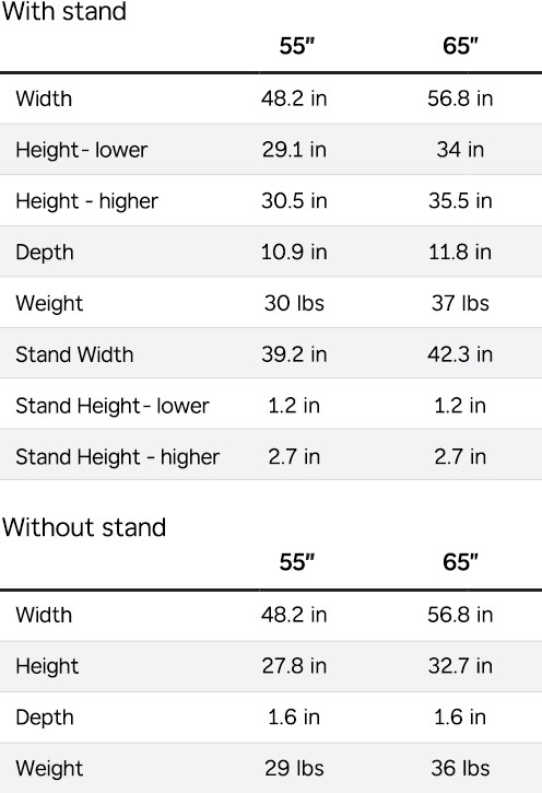 Roku Pro Series 4K OLED TV dimensions with and without a TV stand