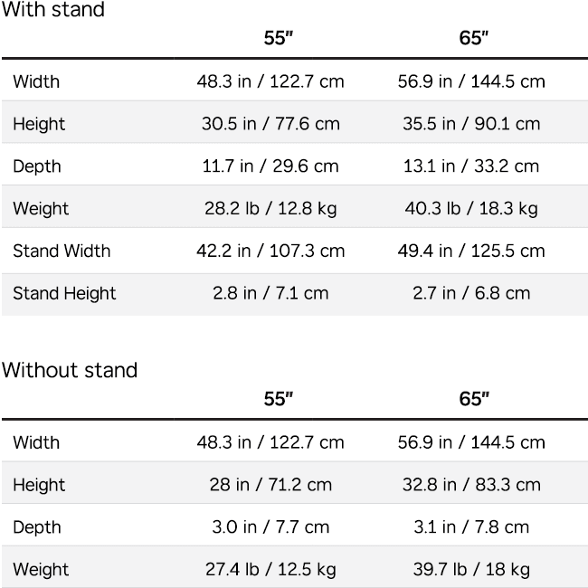 Roku Plus Series Mini-LED TV dimensions with and without a TV stand
