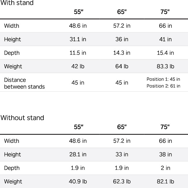 Roku Pro Series 4K QLED TV dimensions with and without a TV stand