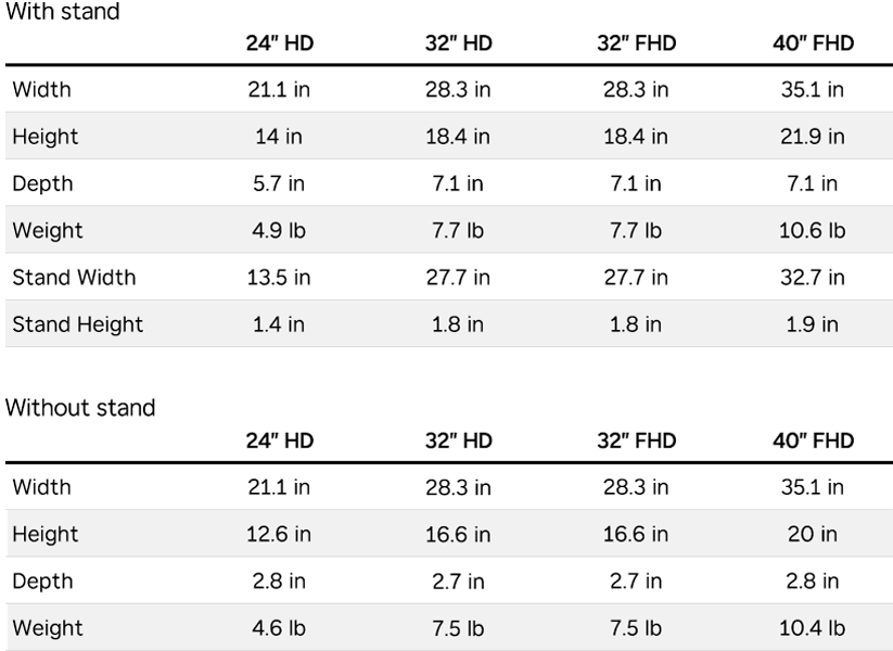 Roku Select Series HD TV dimensions with and without a TV stand 