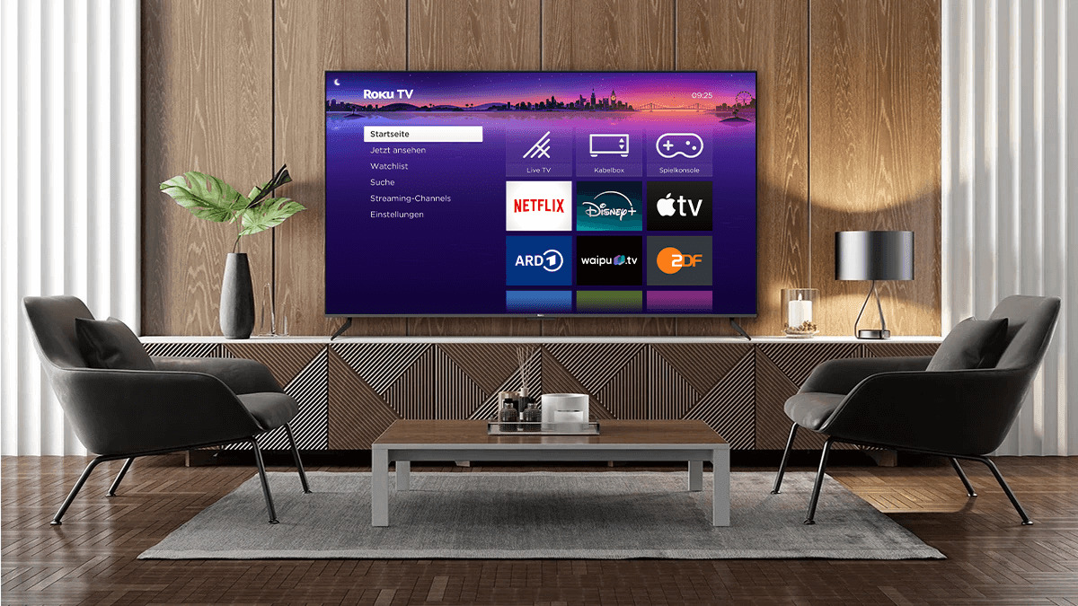 Wohnzimmer mit TV-Gerät von Roku