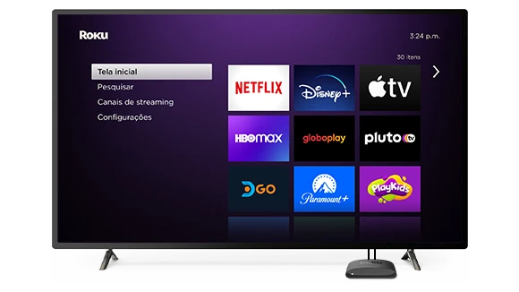 Tela inicial do Roku Express 4K exibindo Netflix, Disney +, Apple TV, Pluto, TV Azteca e DirectTV Go
