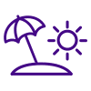 Icon depicting an umbrella on a beach with the sun overhead