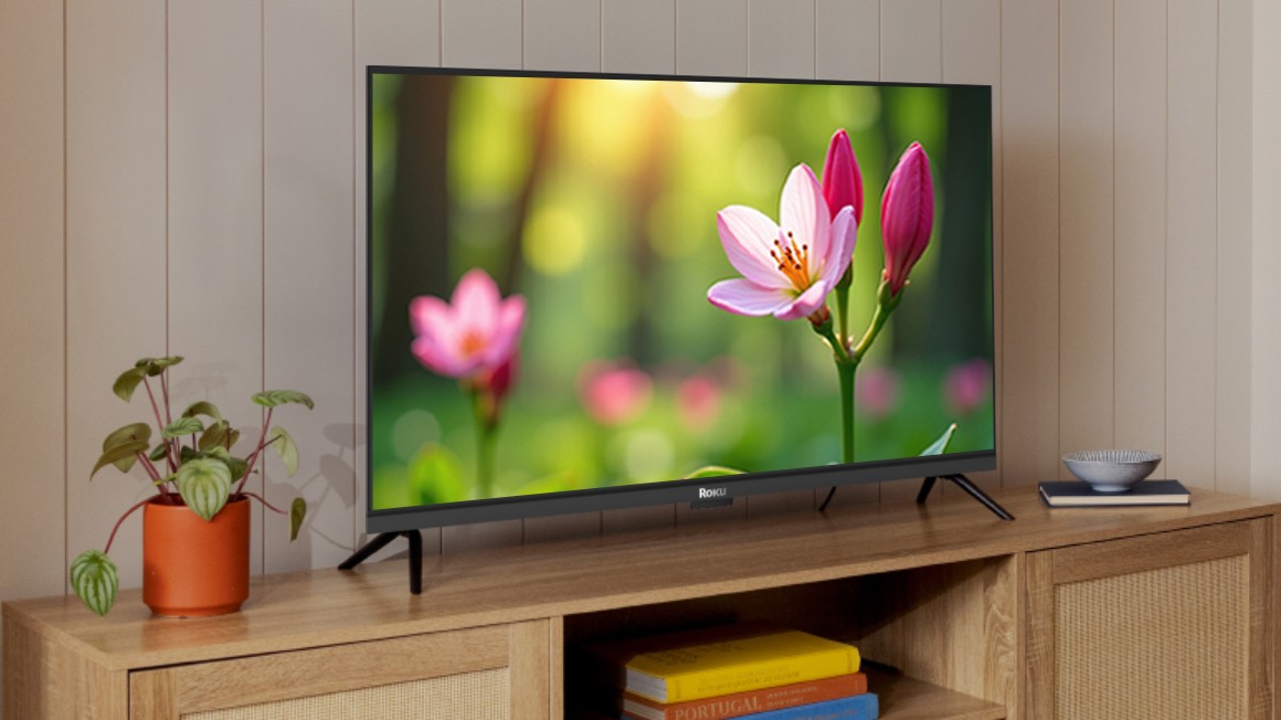 Roku Select Series HD TV on top of entertainment unit