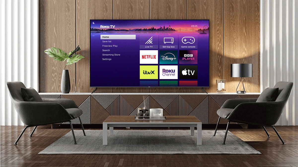 Roku-branded TV living room setup
