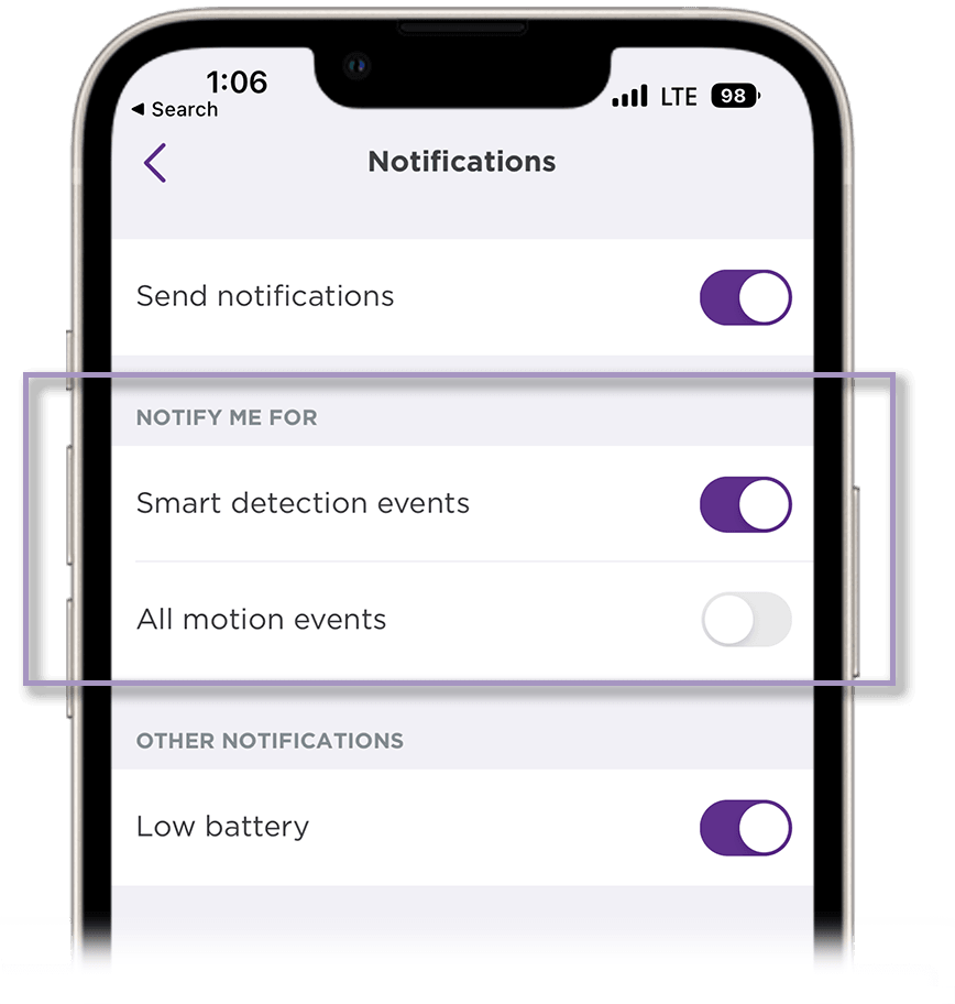 Toggle on smart detections and toggle off all motion events