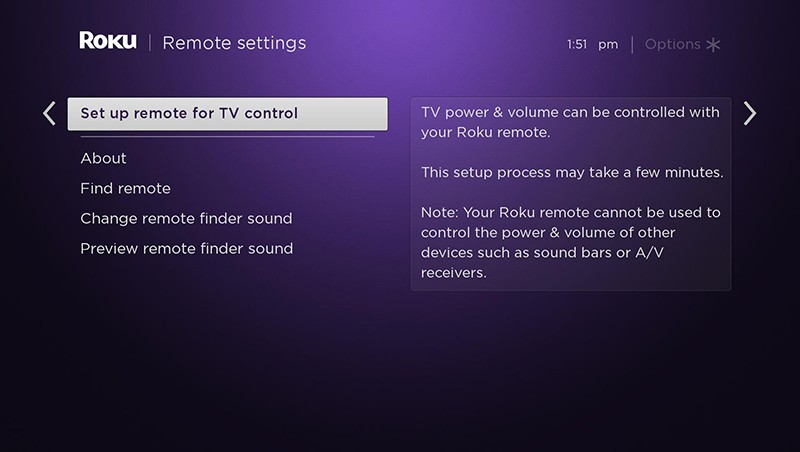 Setting up TV power and volume control - main settings page