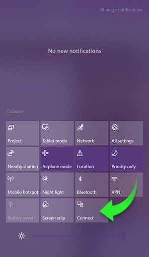 Windows example - selecting Connect from the Action Center