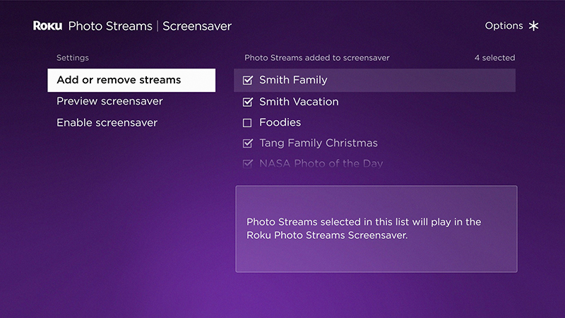Using the Photo Streams channel to choose to include a Photo Stream in the screensaver on your Roku streaming device