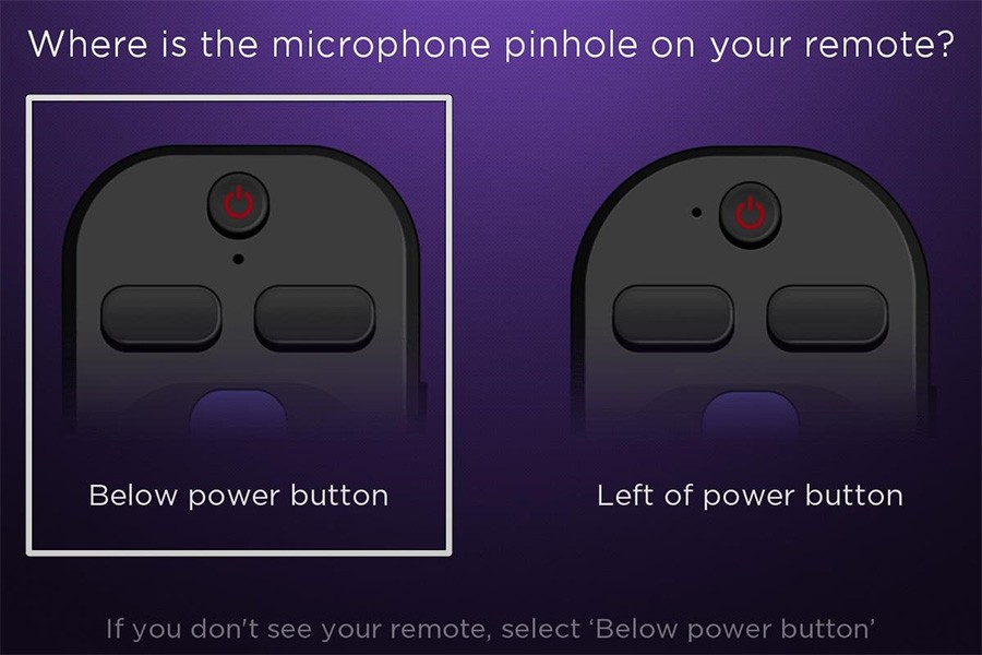 Roku screen showing two options for the microphone pin hole location on a Roku voice remote