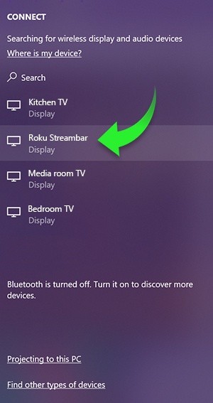 Windows Example - select your Roku device from the menu
