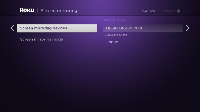 allowed and blocked screen mirroring devices on Roku device