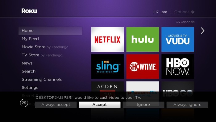 screen mirroring prompt on Roku device