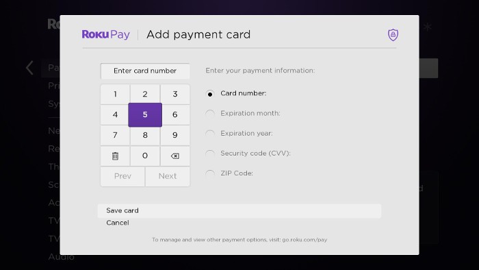 On-screen add payment card screen 