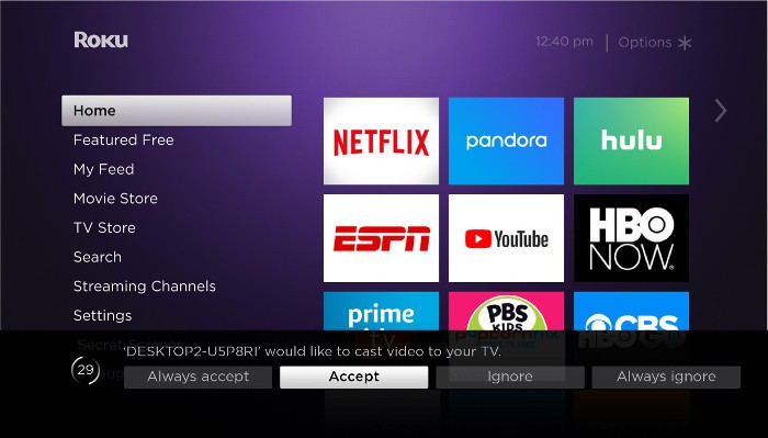 screen mirroring prompt on Roku device