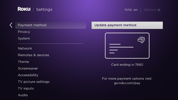 Payment method settings screen - update payment method