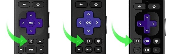 Sample of Roku voice remotes with either a microphone or magnifying glass button