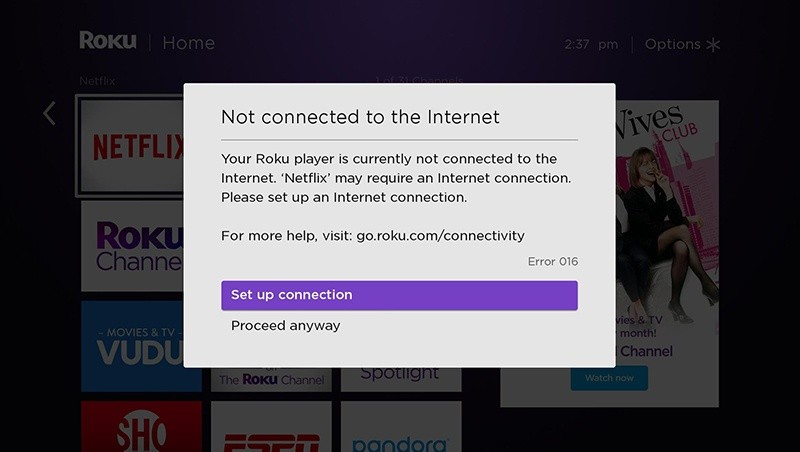 why does my roku say no internet connection